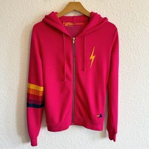 RARE Aviator Nation Rainbow Stripe Bolt Full Zip lighting Hoodie Hot Pink  XS